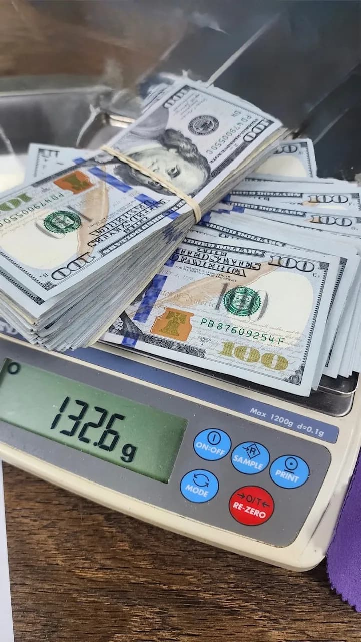 Banded stack of hundred-dollar bills sitting on a digital gram scale