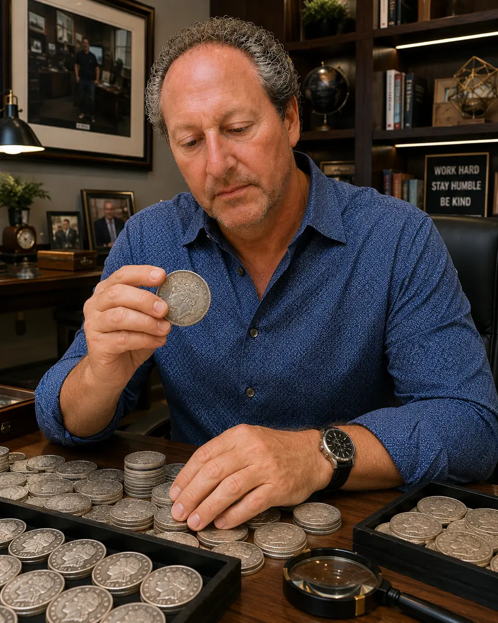 Scott Cohen examining a silver dollar over trays of collectible coins